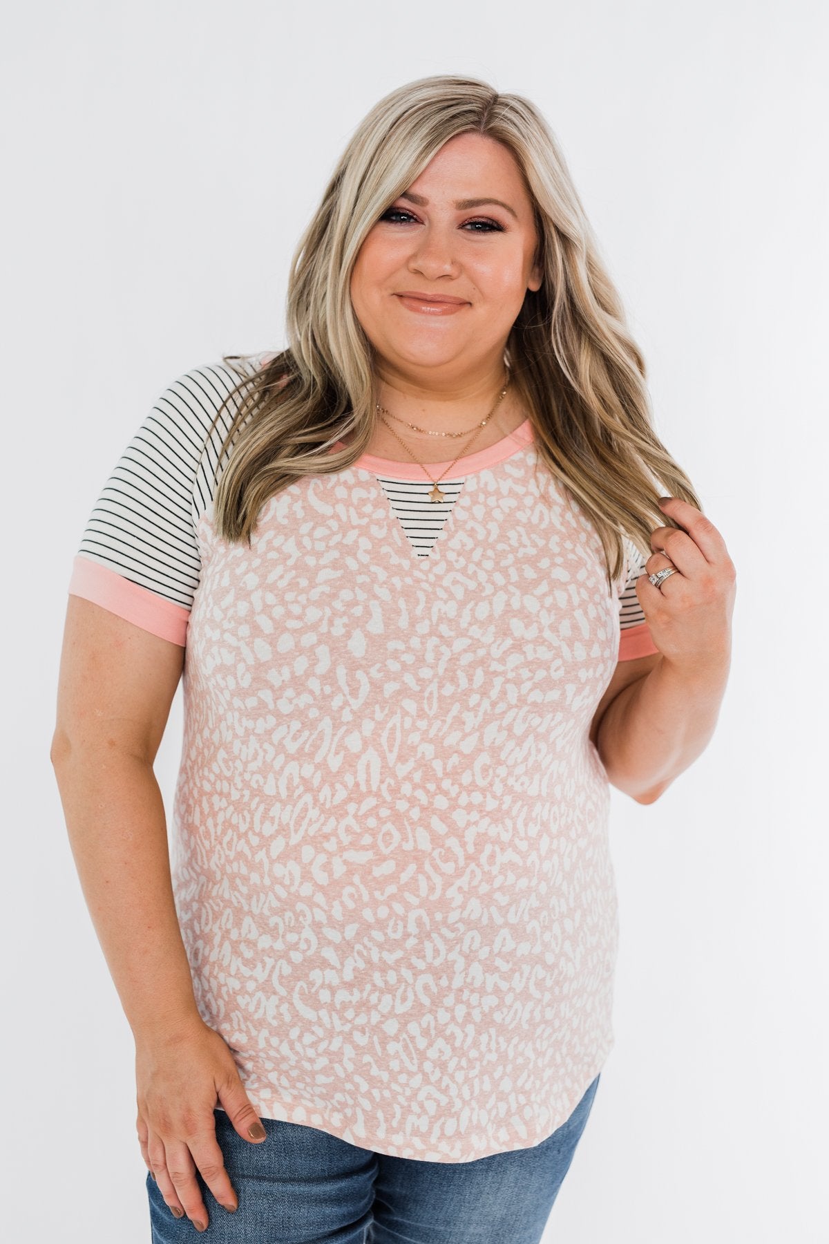 Stripes & Animal Print Color Block Raglan Top- Blush