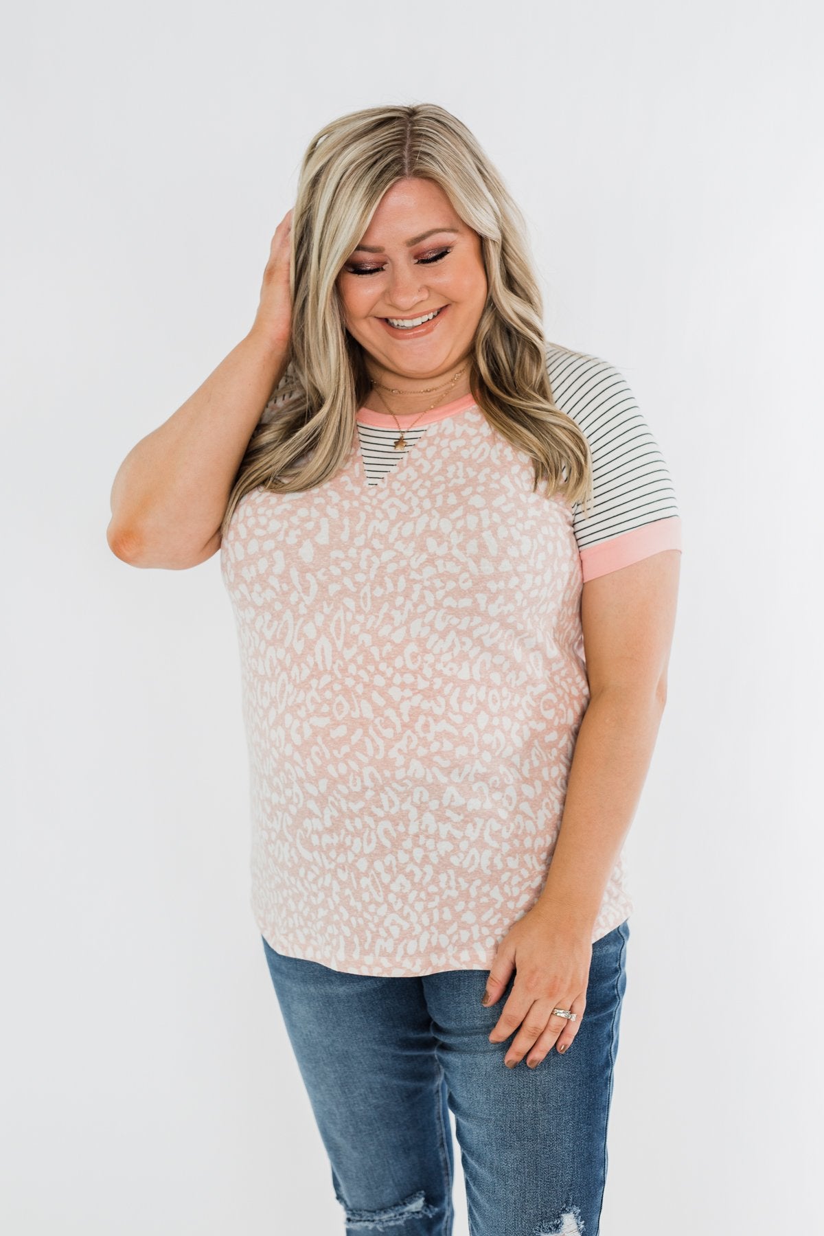 Stripes & Animal Print Color Block Raglan Top- Blush