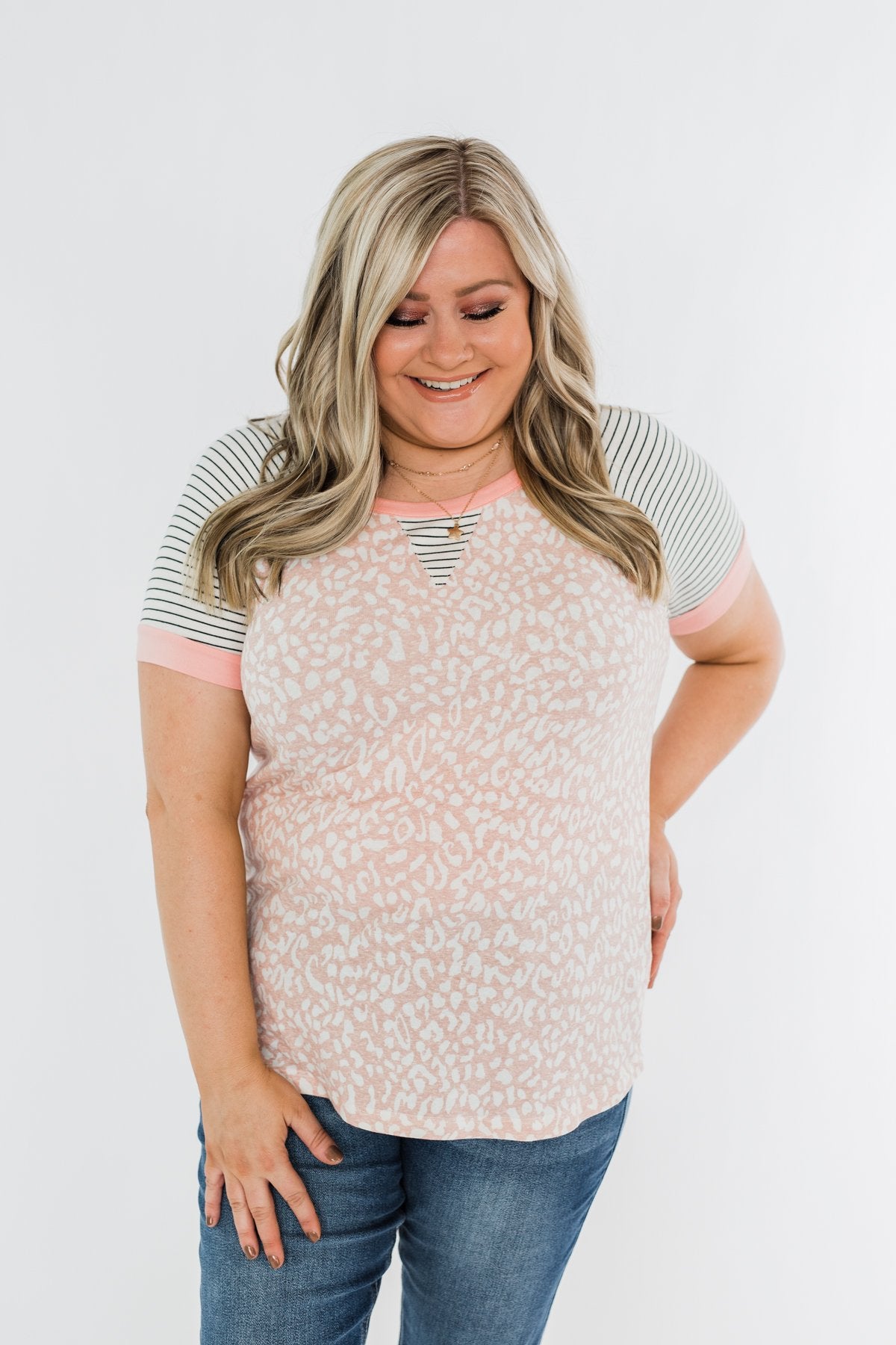 Stripes & Animal Print Color Block Raglan Top- Blush