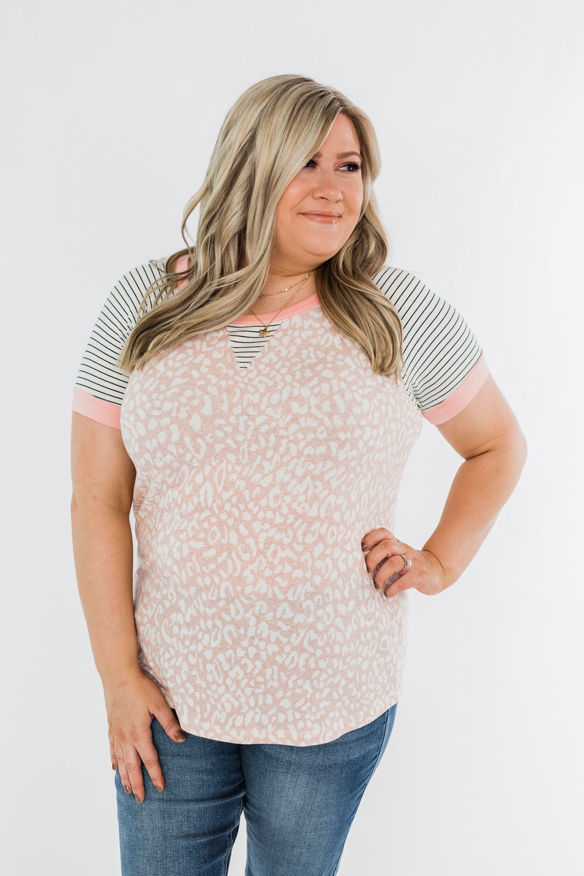 Stripes & Animal Print Color Block Raglan Top- Blush