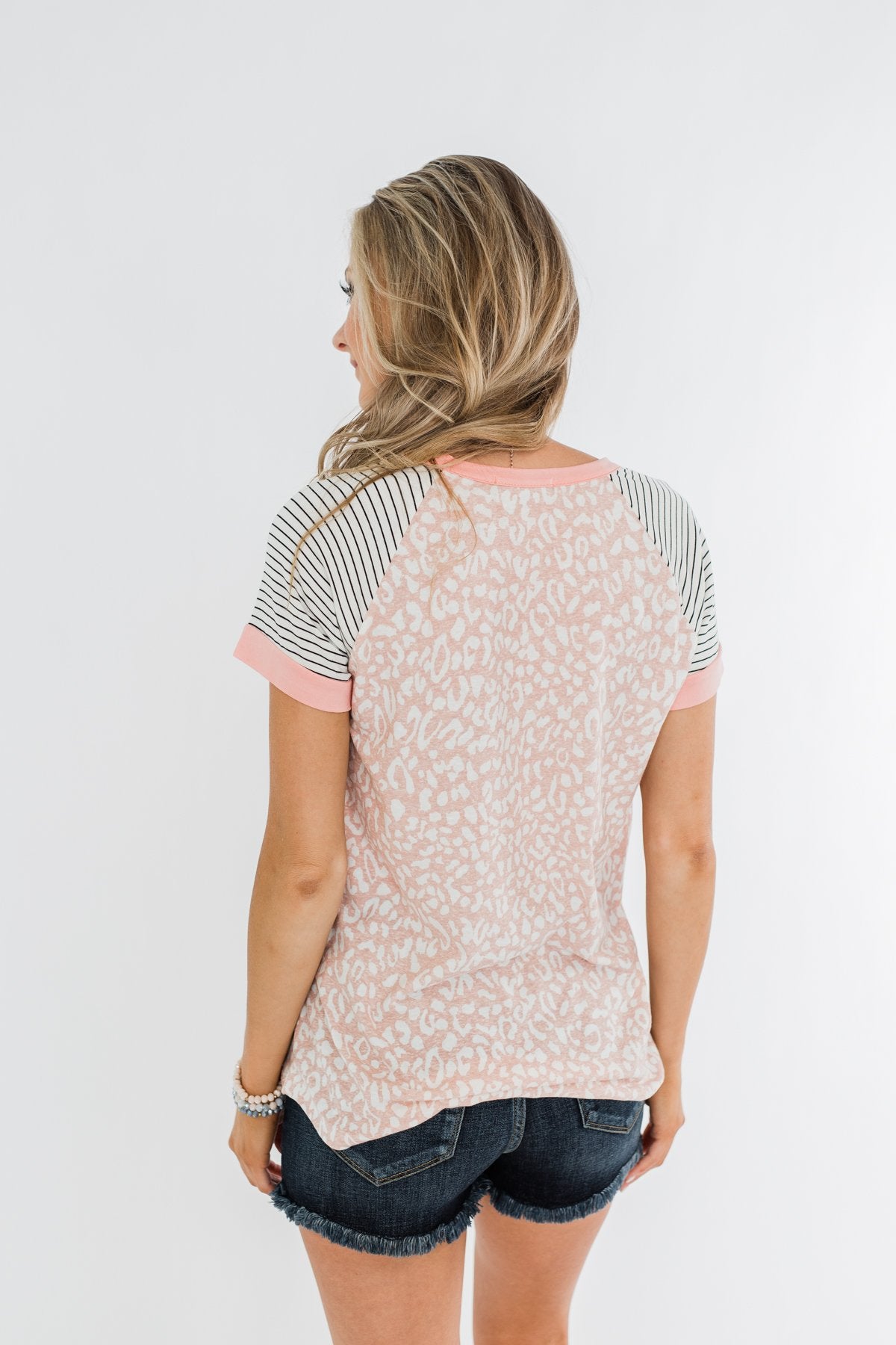 Stripes & Animal Print Color Block Raglan Top- Blush