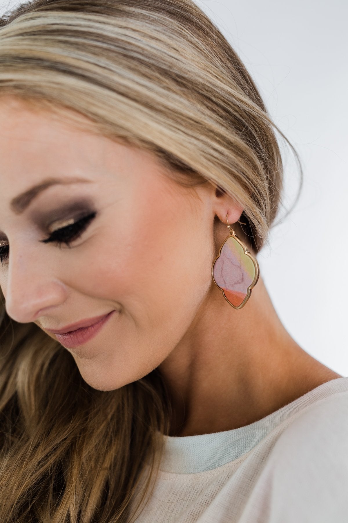 Dangle Reconstitute Earrings- Coral, Purple, & Green