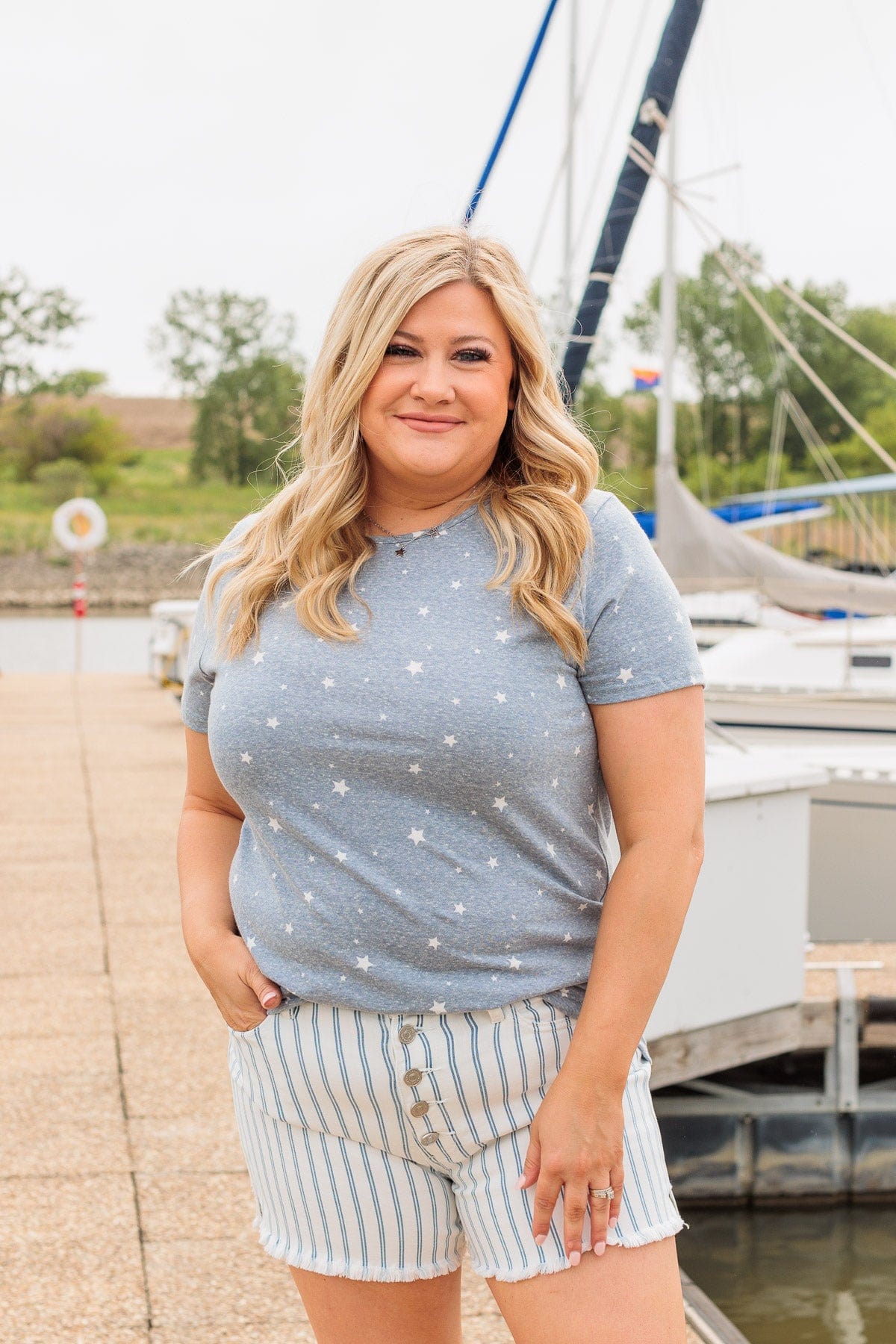 Stars Never Fade Short Sleeve Top- Dusty Blue