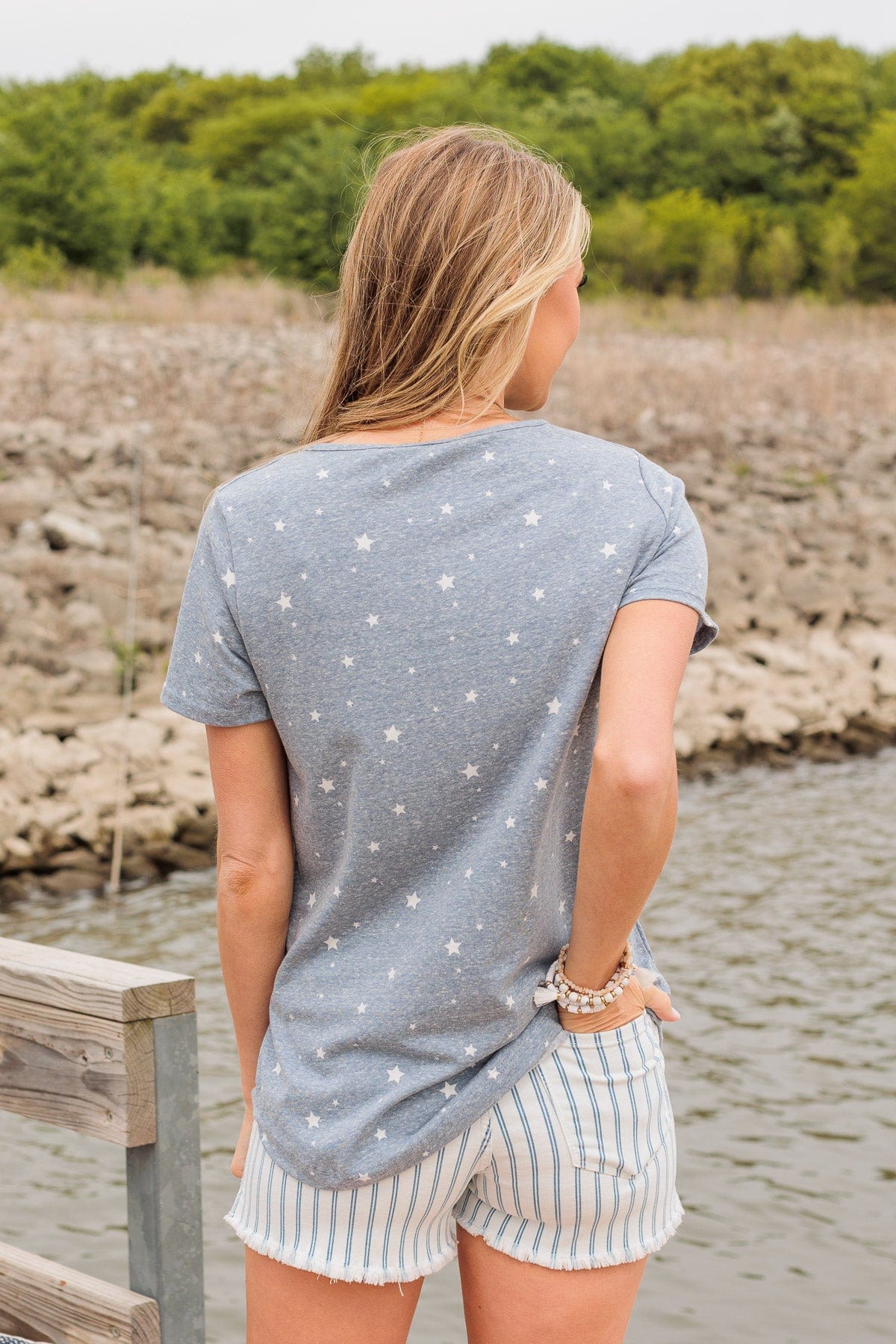 Stars Never Fade Short Sleeve Top- Dusty Blue