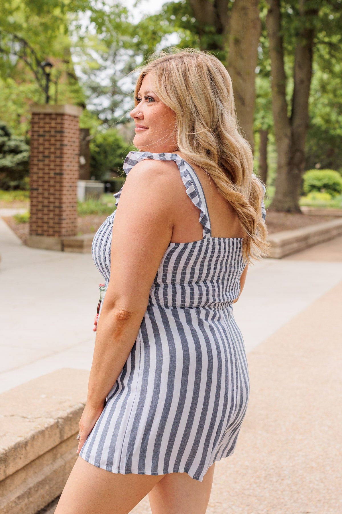 Spending Time Apart Striped Romper- Denim