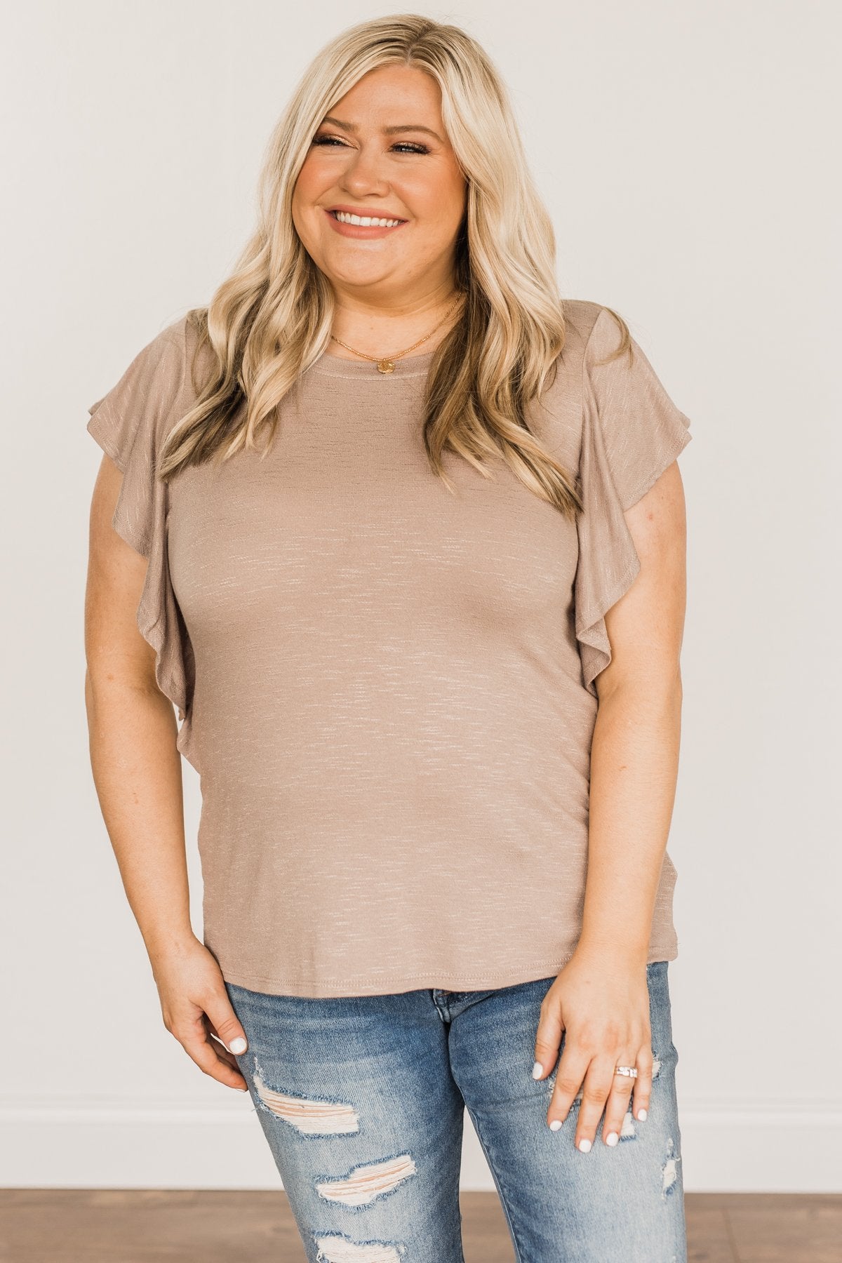 Gorgeous & Graceful Ruffle Top- Taupe