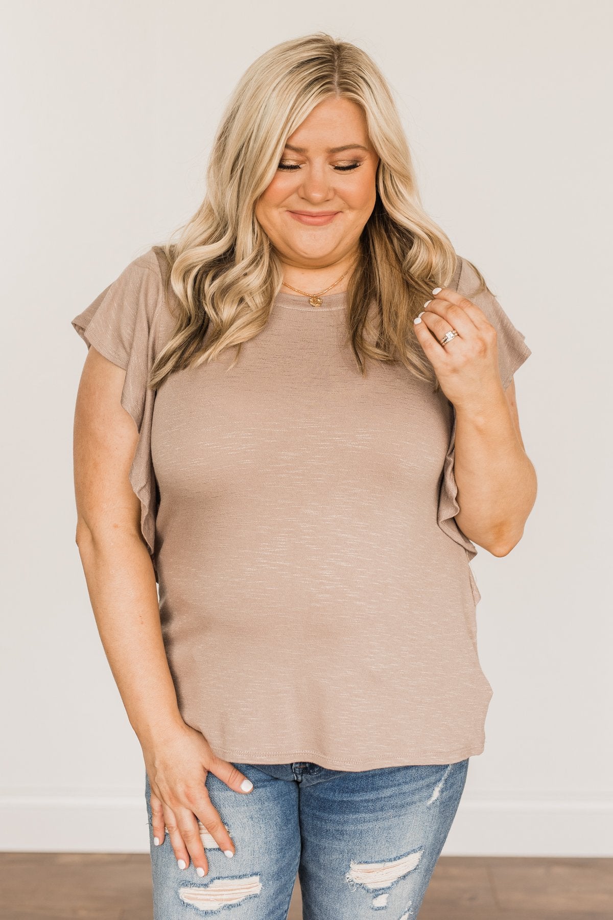 Gorgeous & Graceful Ruffle Top- Taupe