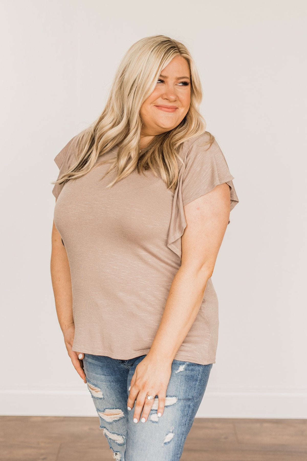 Gorgeous & Graceful Ruffle Top- Taupe