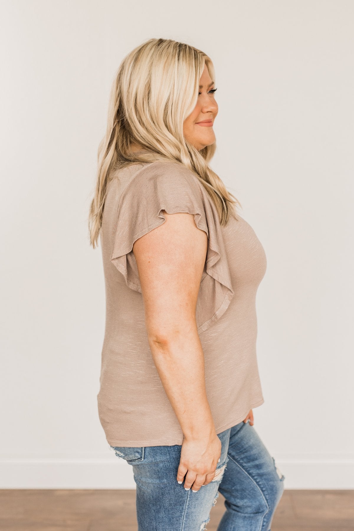 Gorgeous & Graceful Ruffle Top- Taupe
