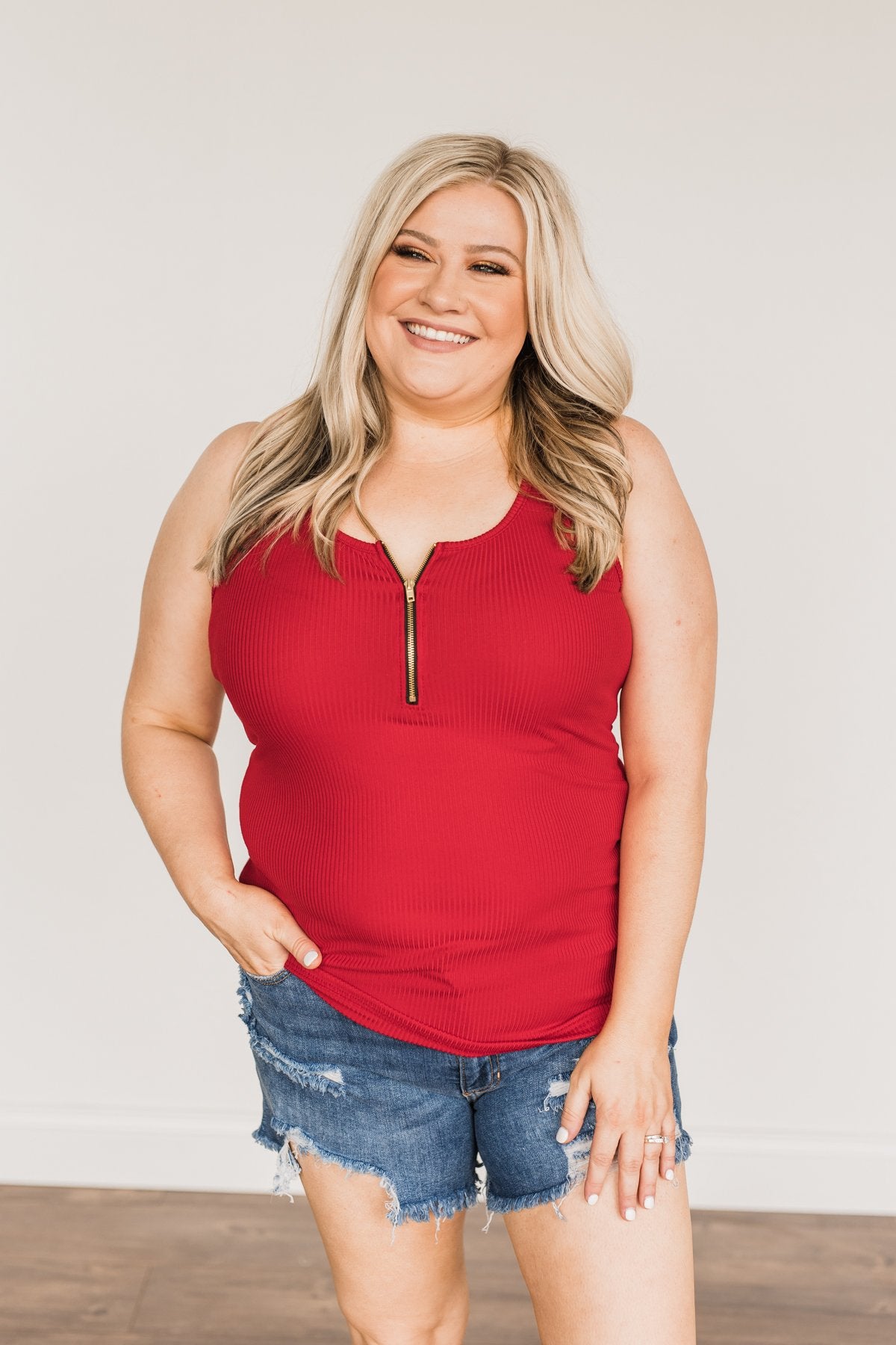 Freedom Is Here Zipper Henley Tank Top- Scarlet Red