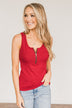 Freedom Is Here Zipper Henley Tank Top- Scarlet Red