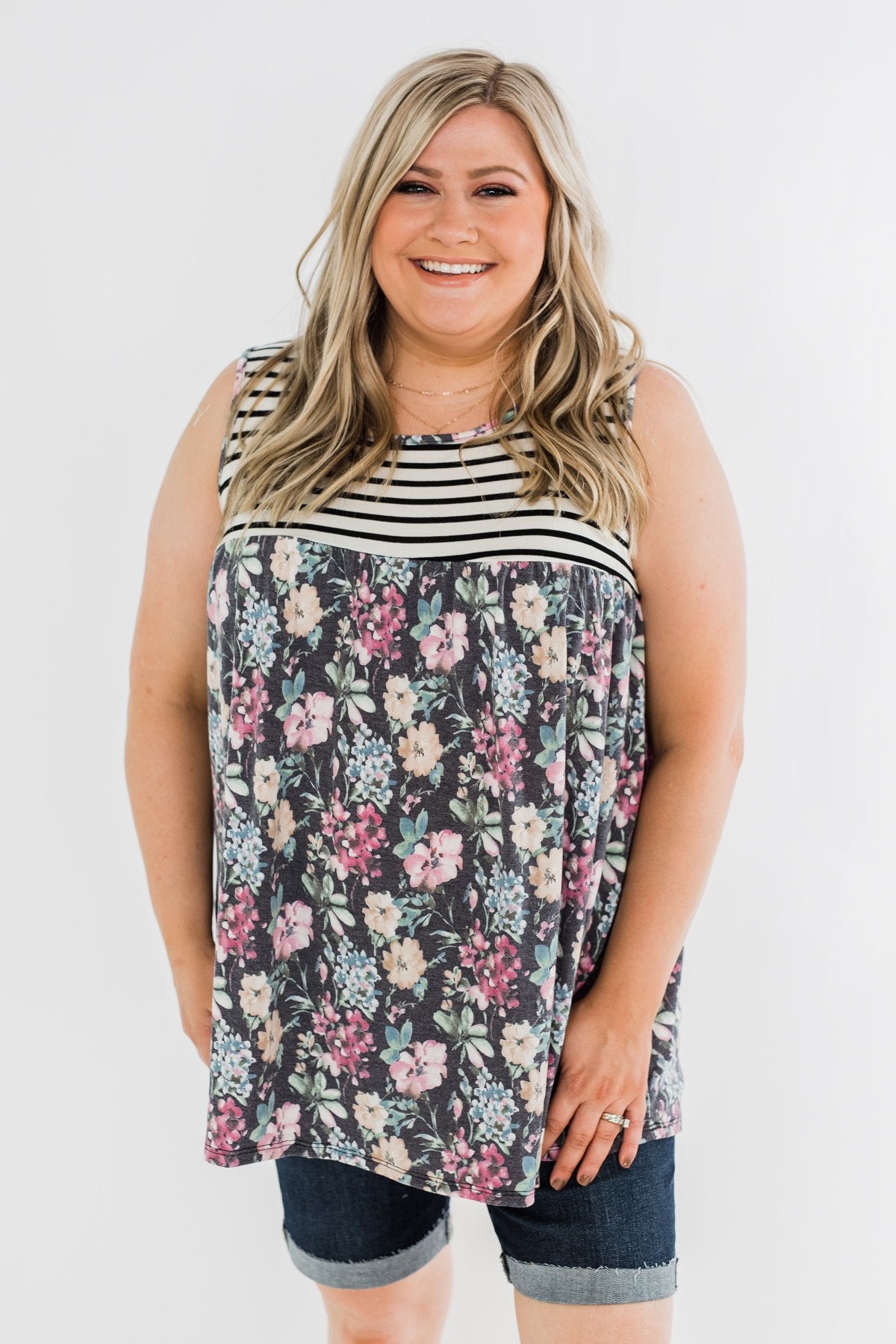 Floral & Stripes Tank Top- Ivory & Heather Charcoal