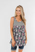 Floral & Stripes Tank Top- Ivory & Heather Charcoal