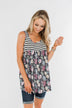 Floral & Stripes Tank Top- Ivory & Heather Charcoal