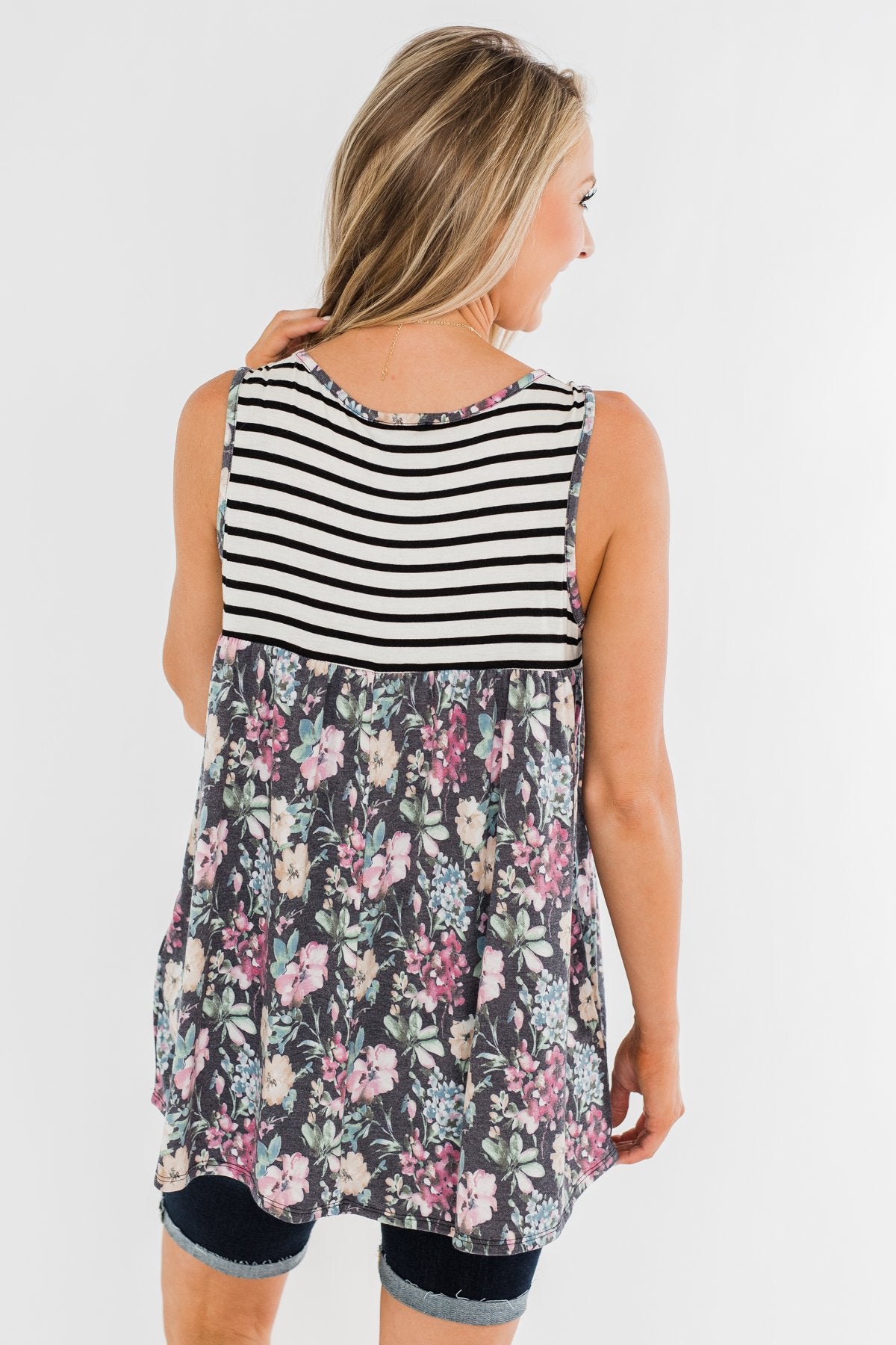Floral & Stripes Tank Top- Ivory & Heather Charcoal