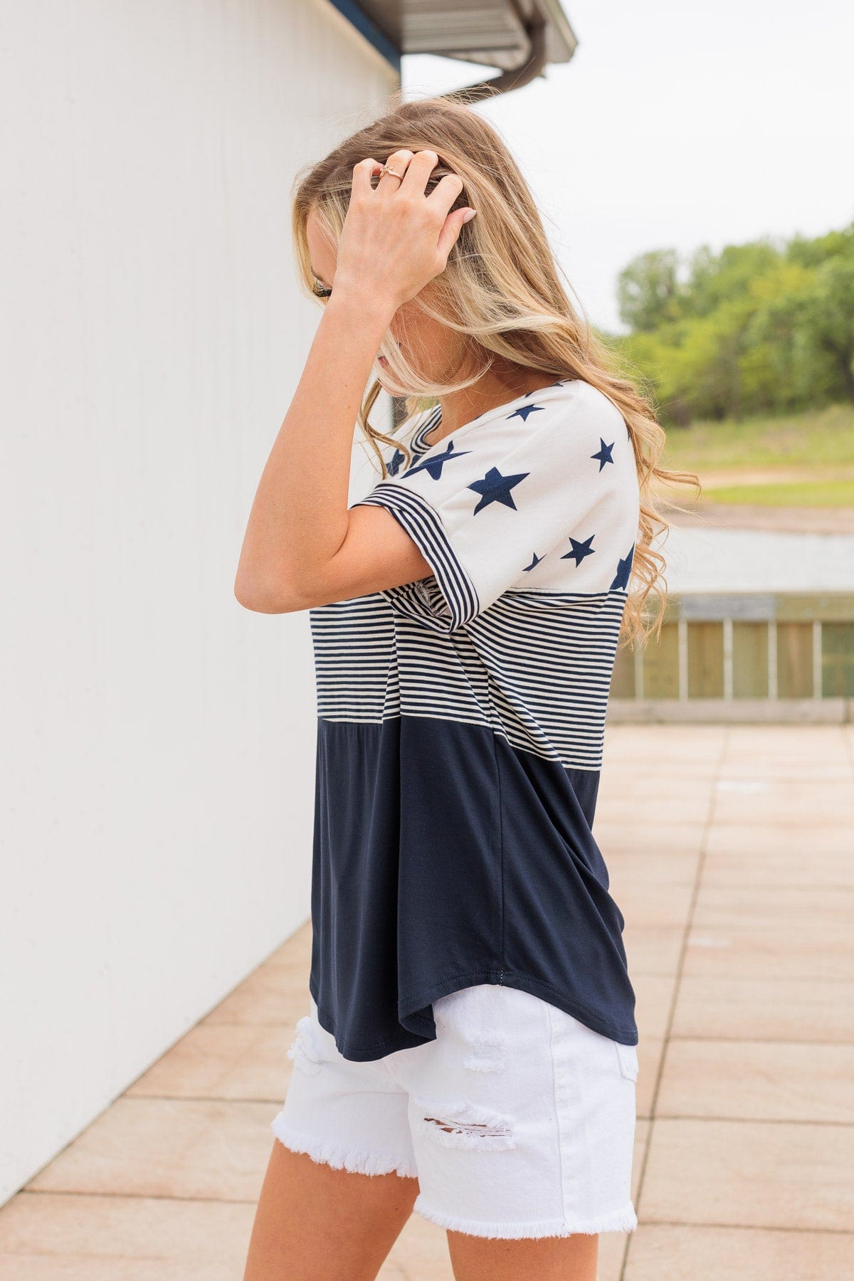 Ringing Freedom Color Block Top- Navy