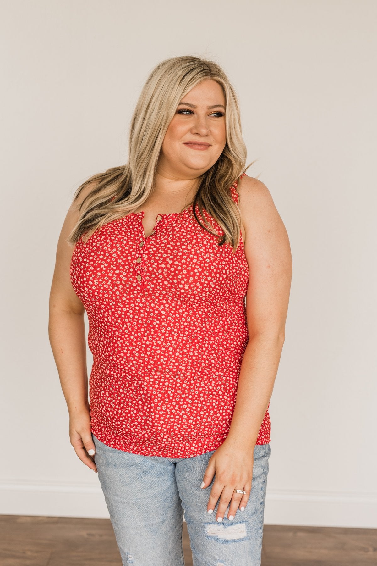 Feelin' Like A Firecracker Floral Henley Tank Top- Red