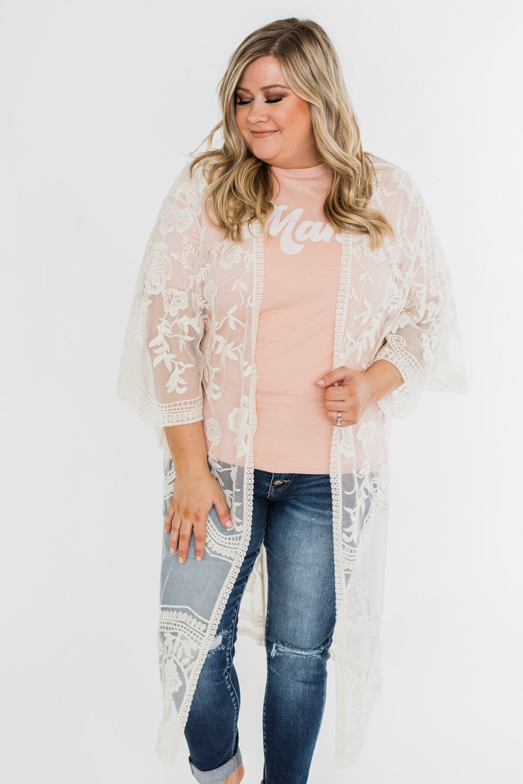 Long Sheer Floral Lace Kimono- Cream - Main Image
