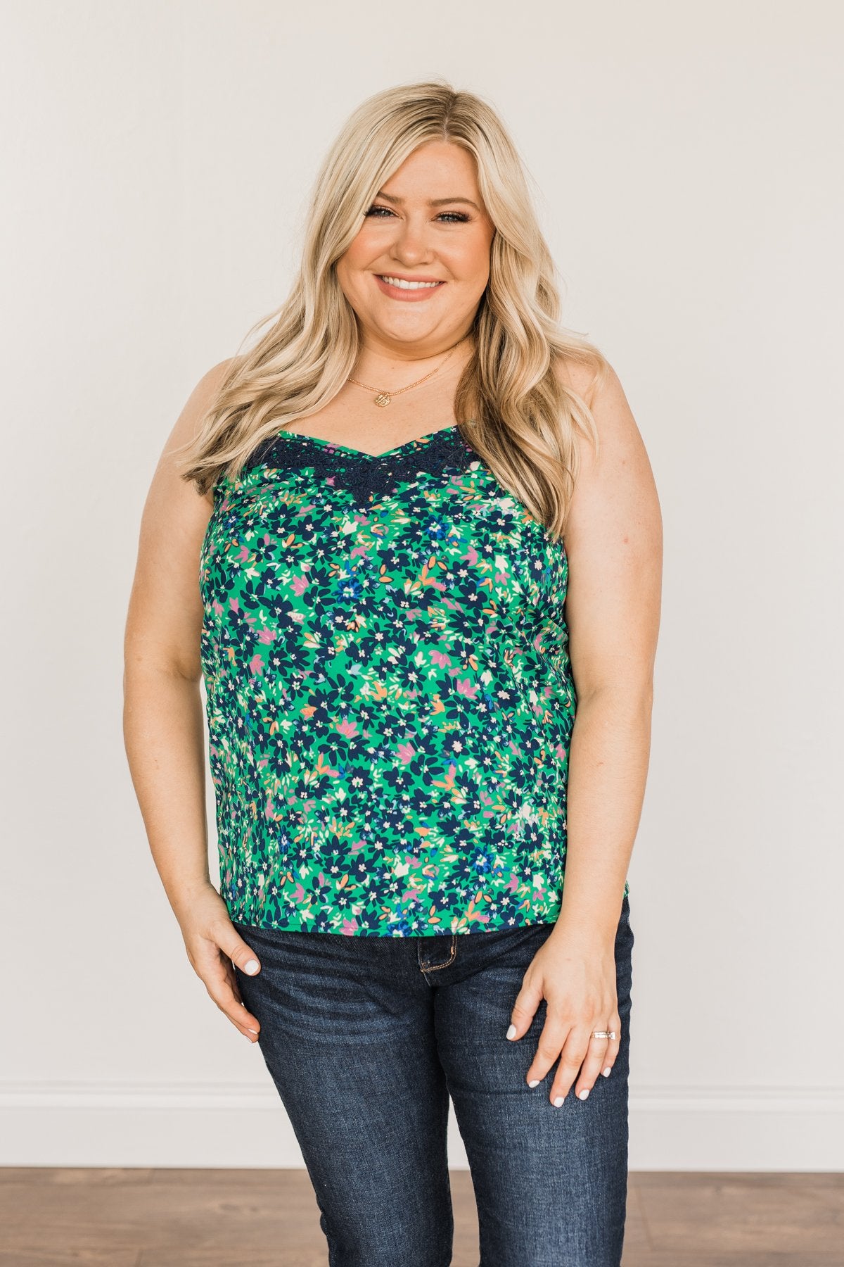 Dreaming Of Paradise Floral Tank Top- Green & Navy