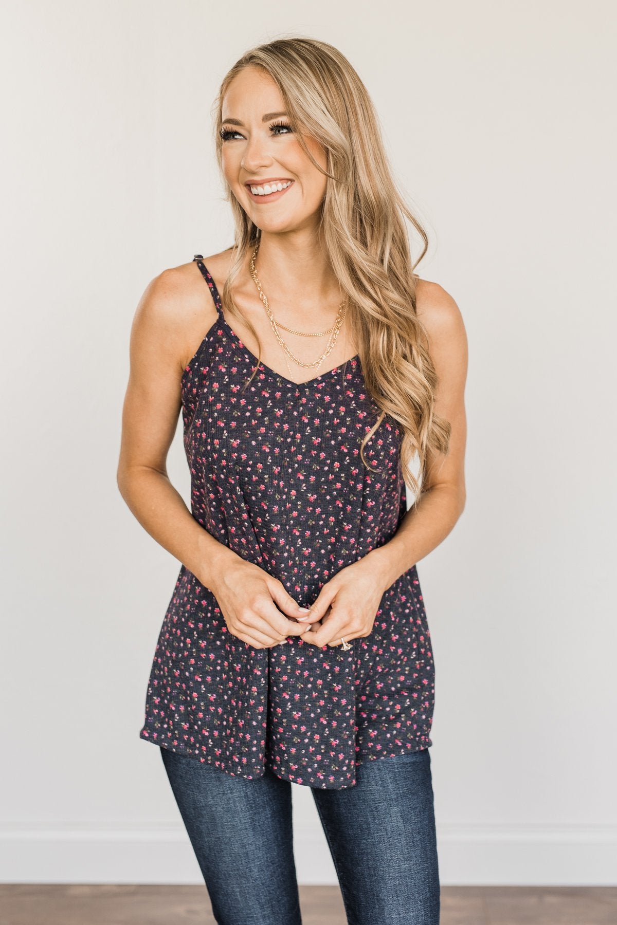 Aspire To Inspire Floral Knit Tank Top- Dark Navy