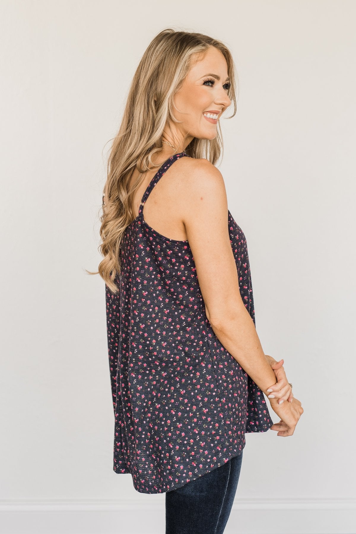 Aspire To Inspire Floral Knit Tank Top- Dark Navy