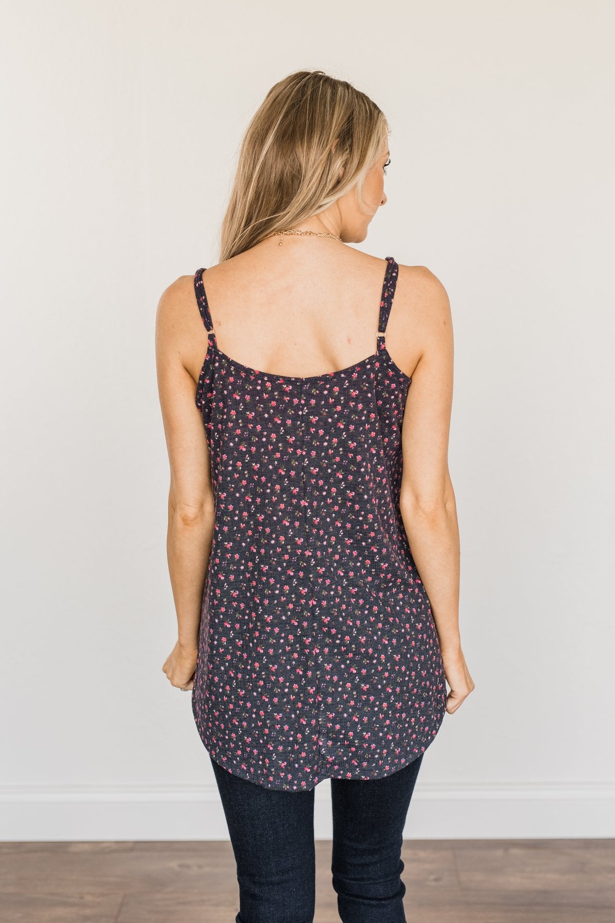 Aspire To Inspire Floral Knit Tank Top- Dark Navy