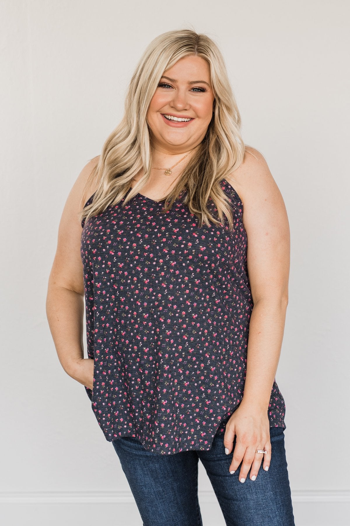 Aspire To Inspire Floral Knit Tank Top- Dark Navy