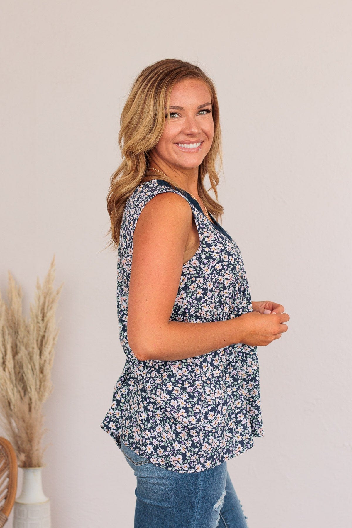 Garden Goddess Floral Tank- Navy