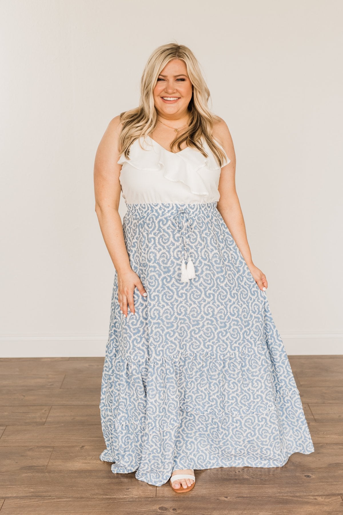 Sense Of Wonder Ruffle Maxi Dress- Steel Blue & Ivory