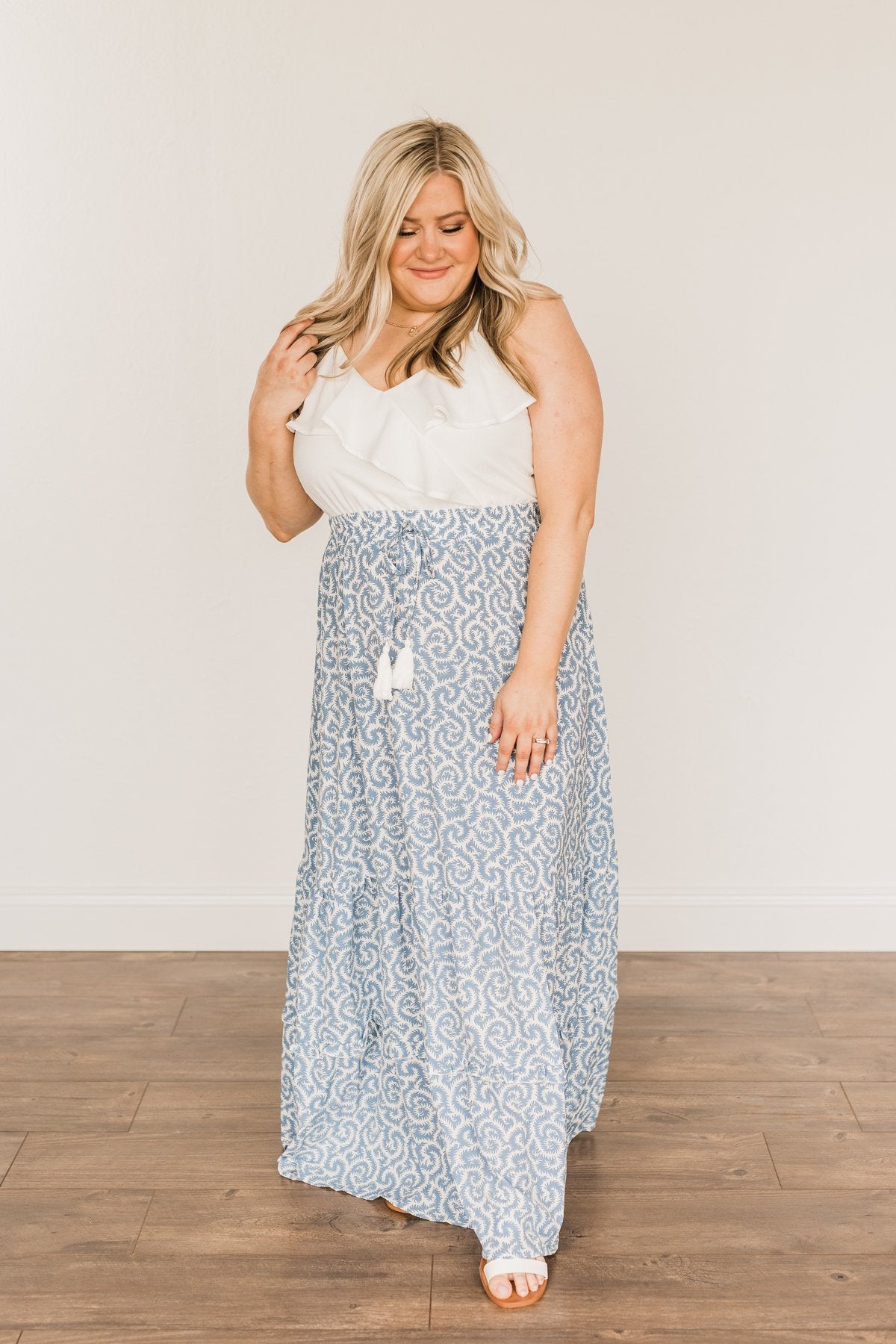 Sense Of Wonder Ruffle Maxi Dress- Steel Blue & Ivory