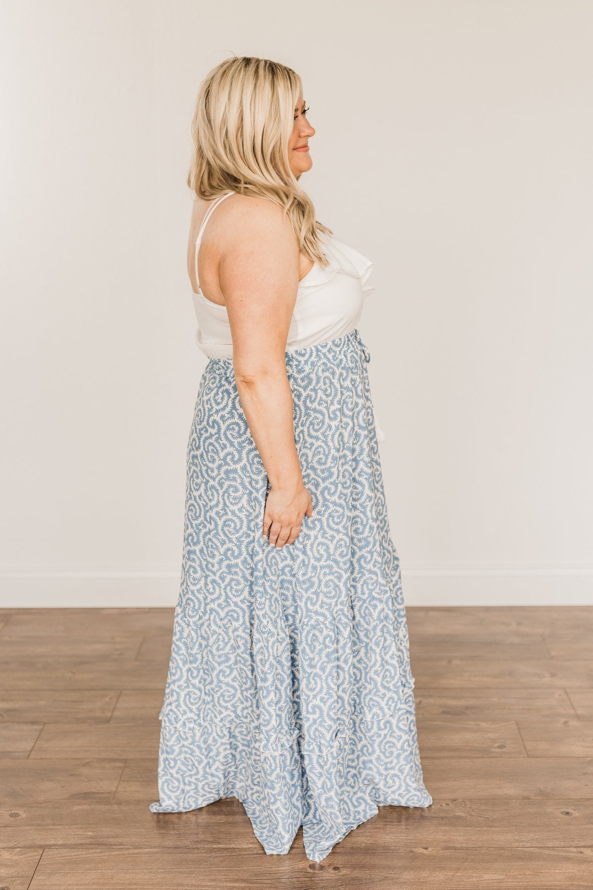 Sense Of Wonder Ruffle Maxi Dress- Steel Blue & Ivory