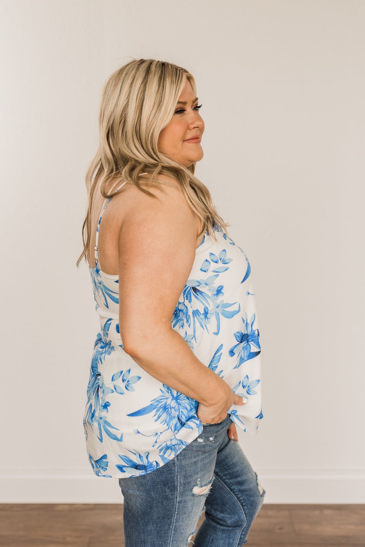 Dancing With The Wind Tropical Tank Top- Blue & Ivory