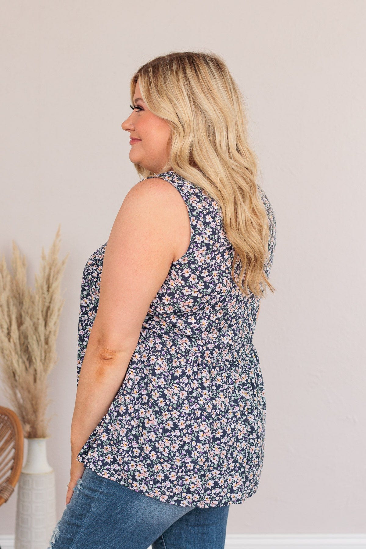Garden Goddess Floral Tank- Navy