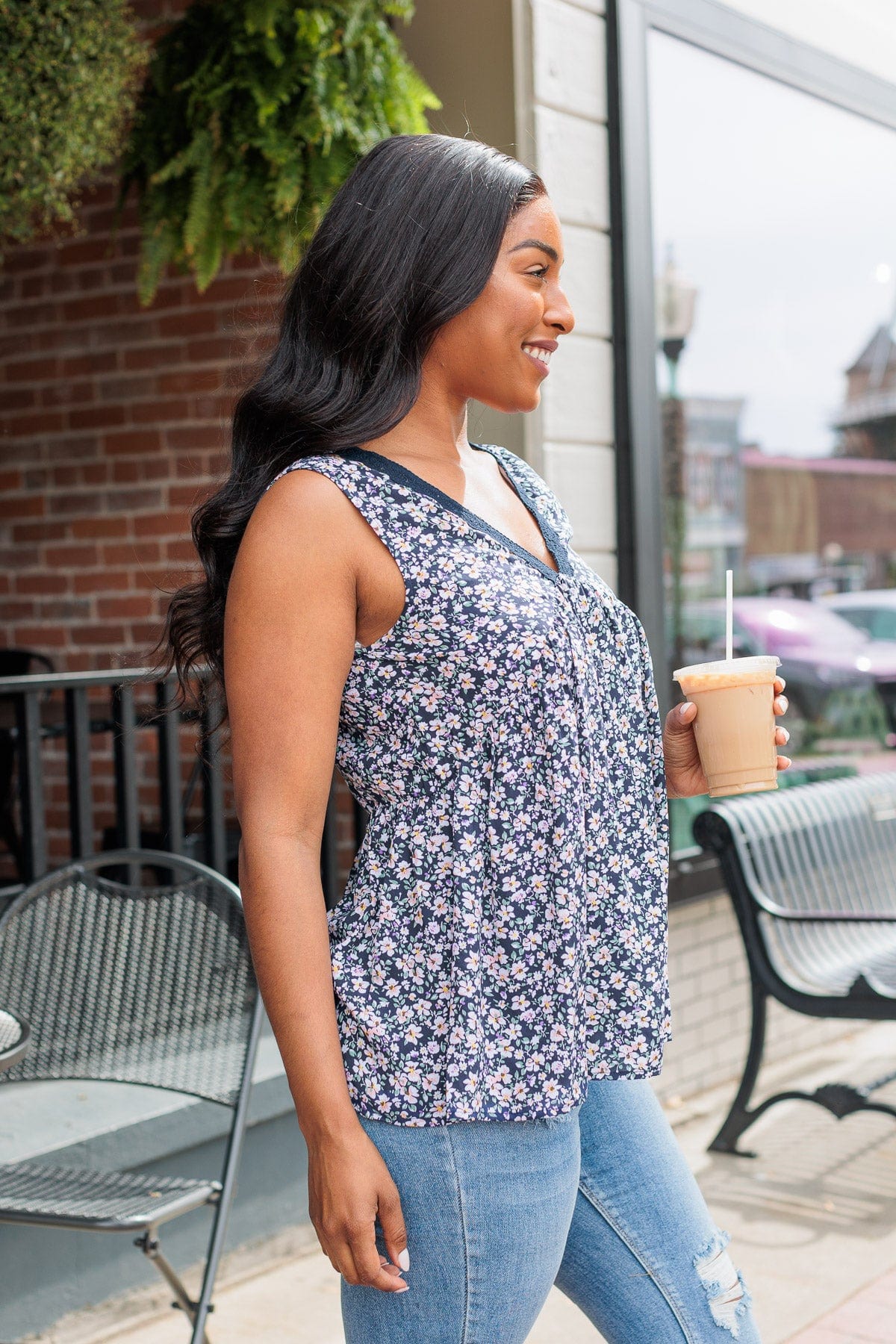 Garden Goddess Floral Tank- Navy