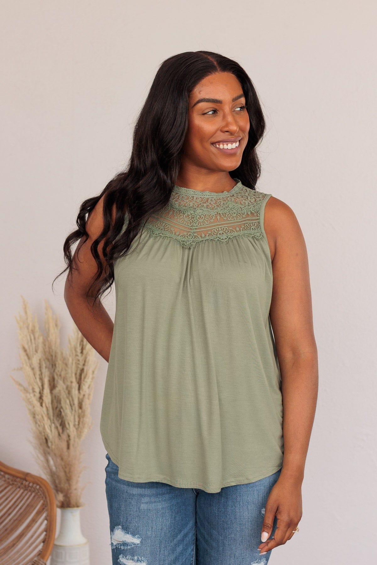 Intertwined Forever Lace Tank- Dusty Sage