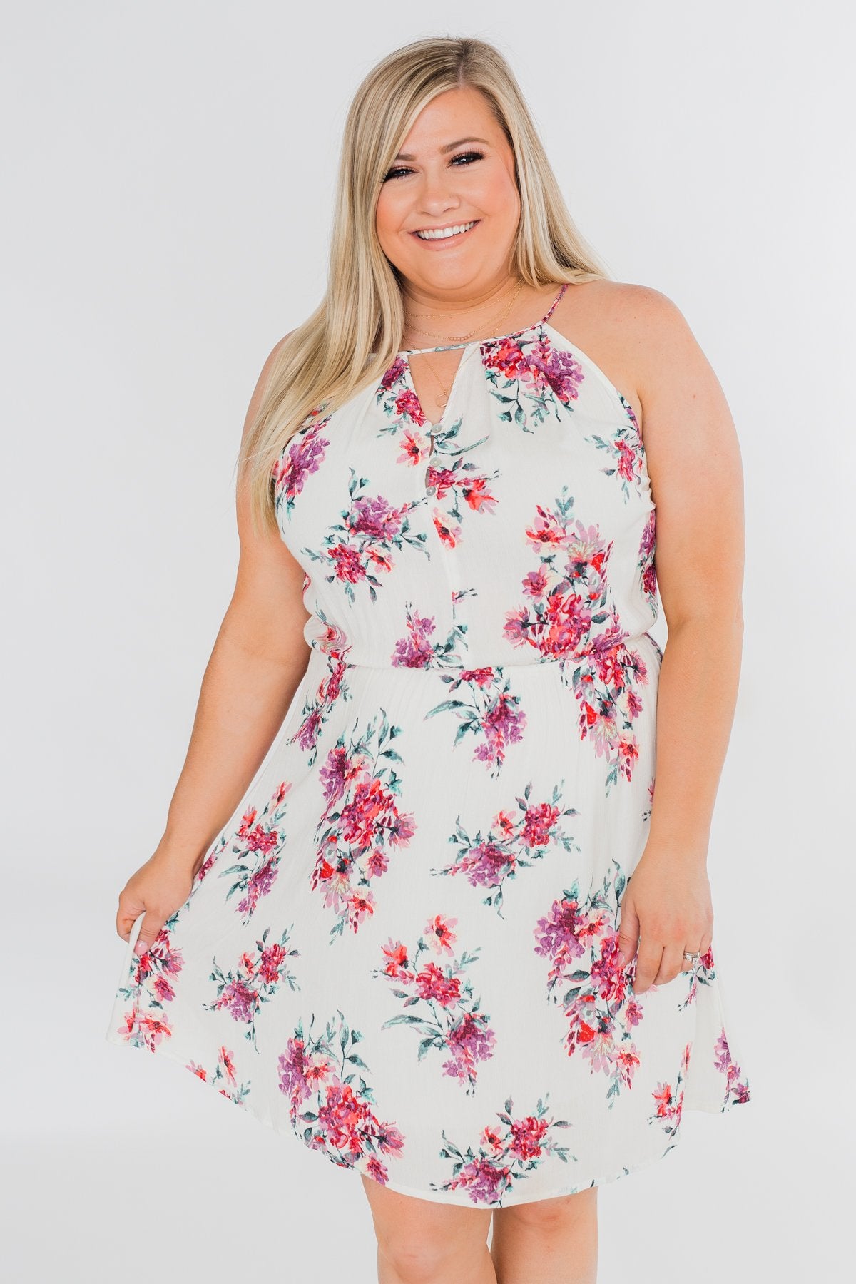 Embraced in Floral Halter Dress- Ivory Embraced in Floral Halter Dress- Ivory