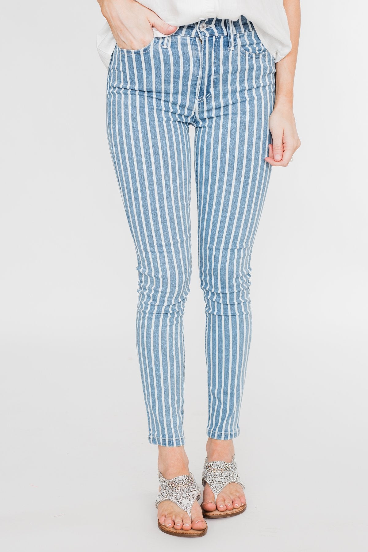 Celebrity Pink Striped Skinny Jeans- Medium Blue Wash