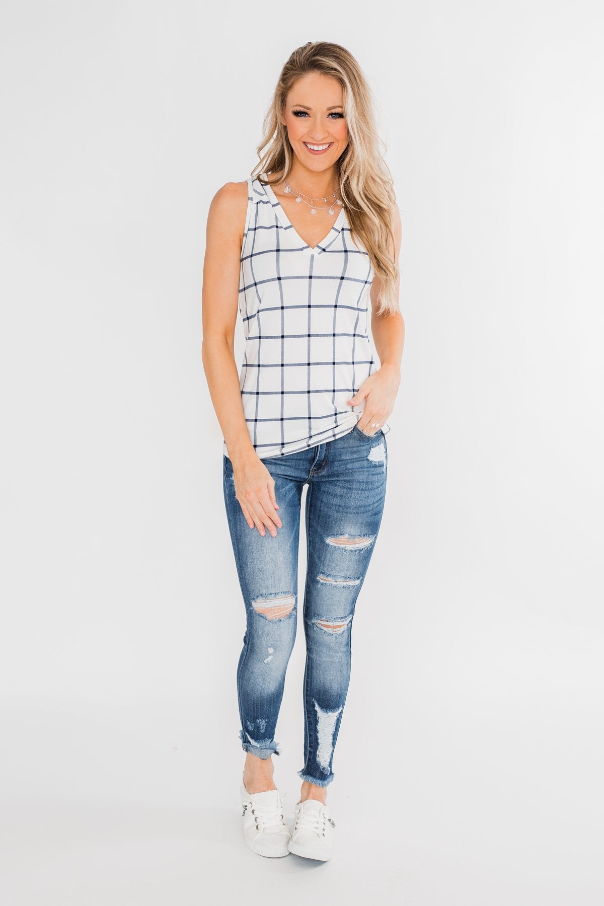 Step to the Beat Graph Striped Tank Top- White