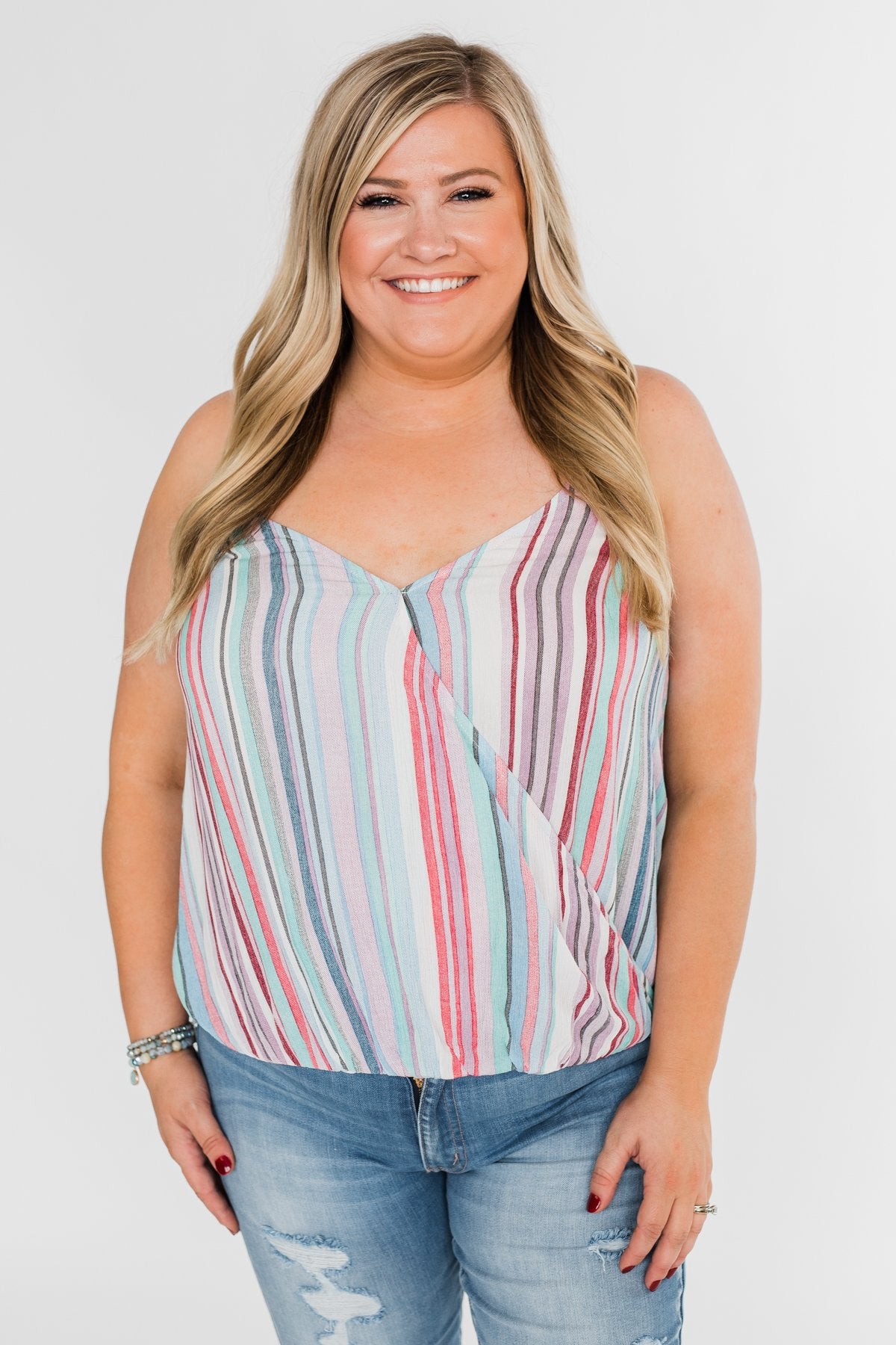 Colorful Stripe and Crochet Halter Tank Top- Lavender & Mint