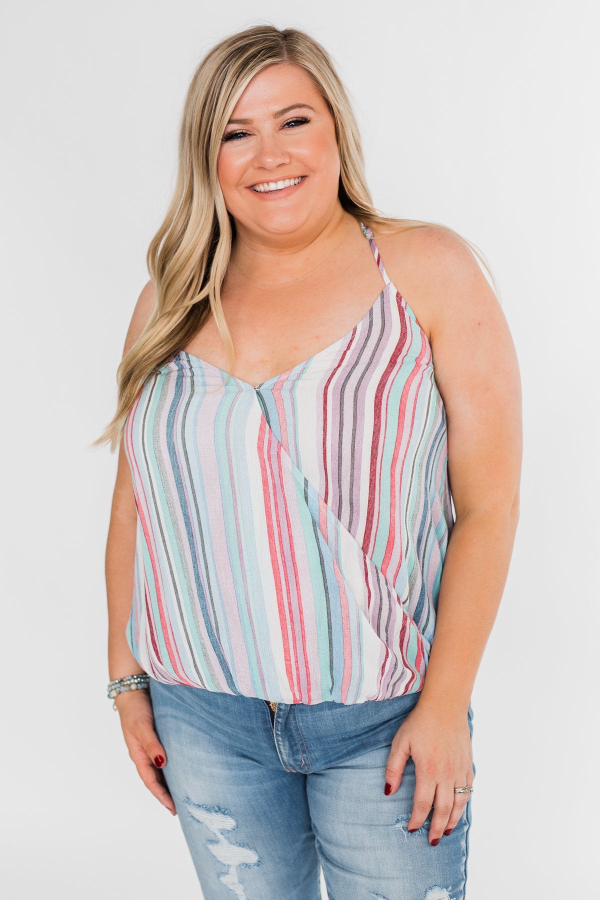 Colorful Stripe and Crochet Halter Tank Top- Lavender & Mint
