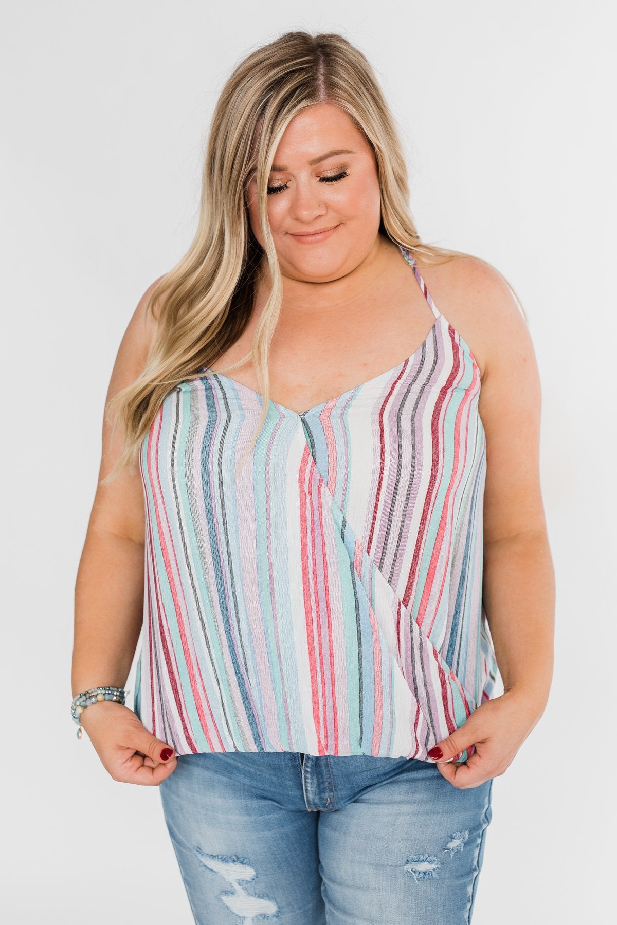 Colorful Stripe and Crochet Halter Tank Top- Lavender & Mint