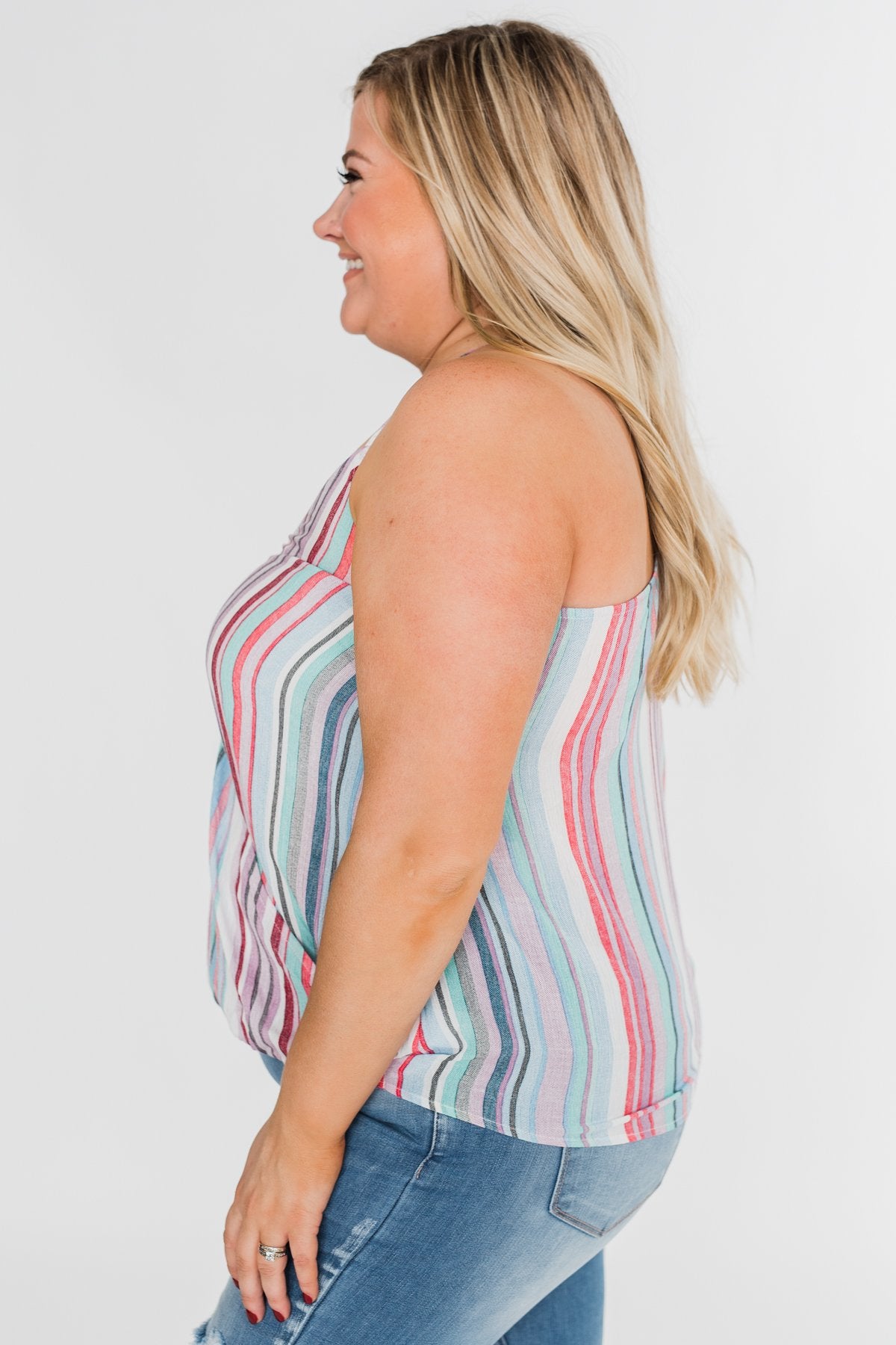 Colorful Stripe and Crochet Halter Tank Top- Lavender & Mint