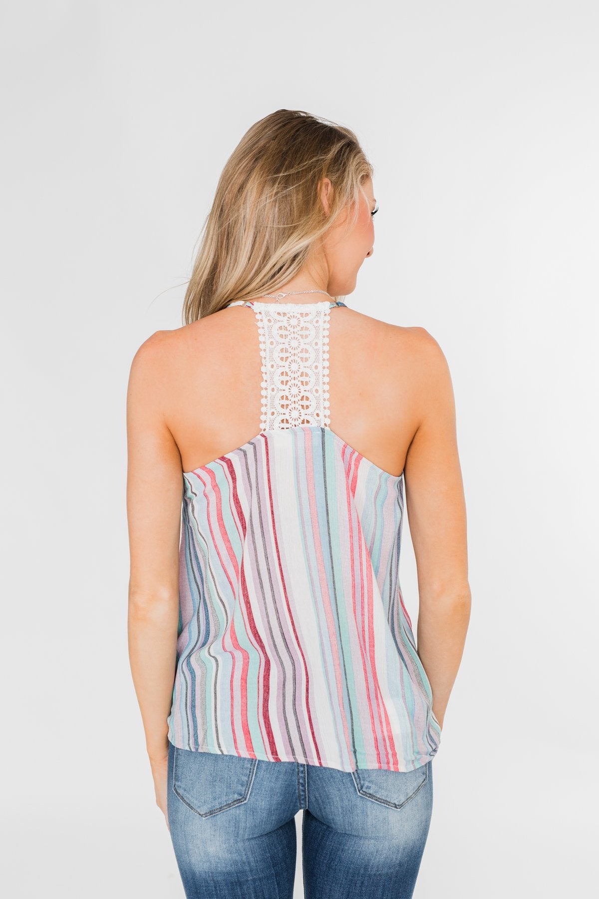 Colorful Stripe and Crochet Halter Tank Top- Lavender & Mint