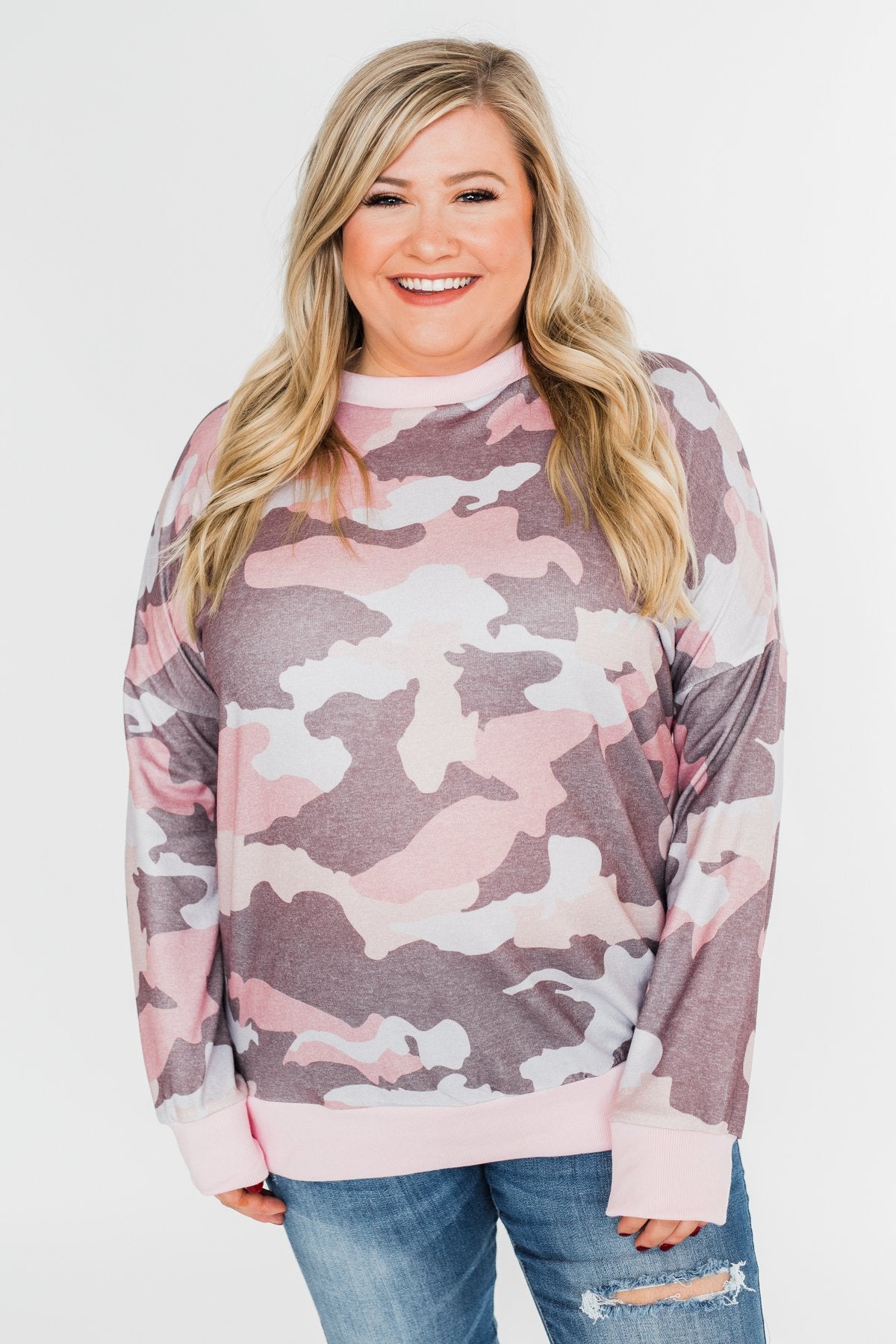 Camo Print Long Sleeve Top- Pink