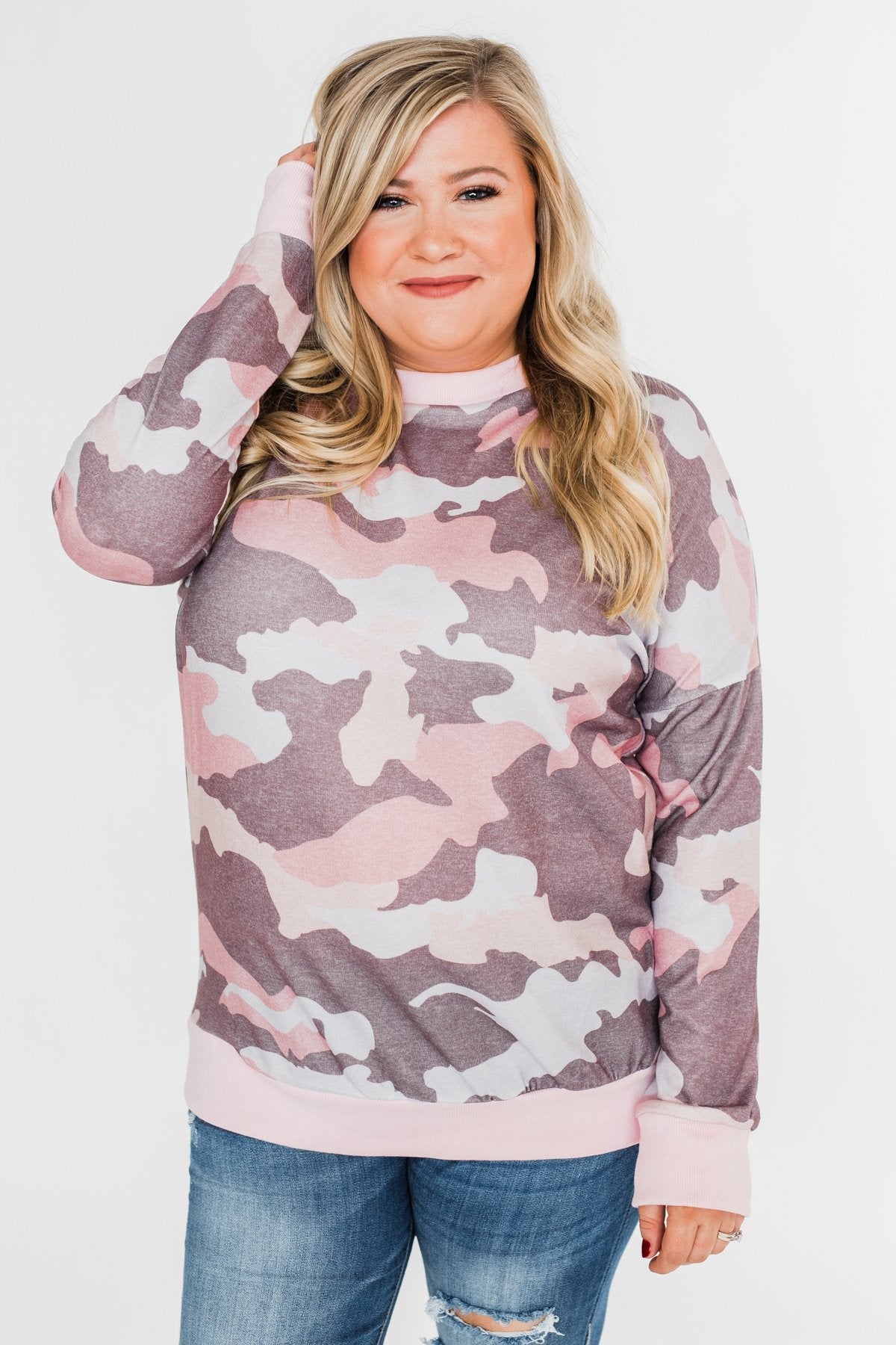 Camo Print Long Sleeve Top- Pink