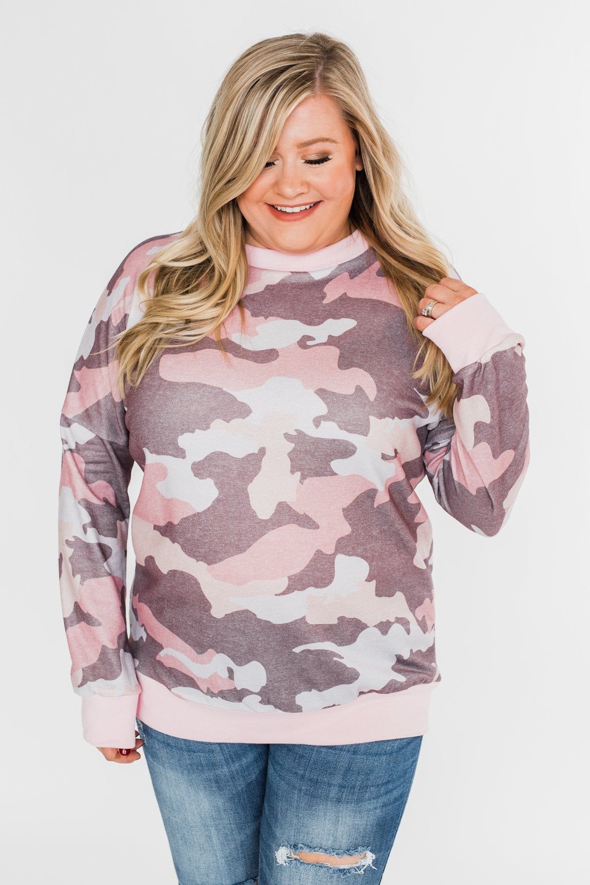 Camo Print Long Sleeve Top- Pink