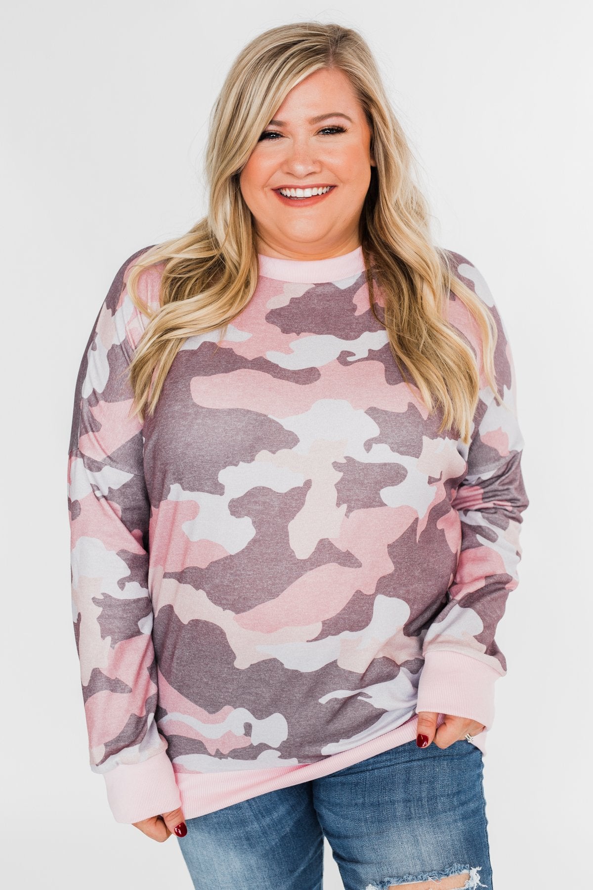 Camo Print Long Sleeve Top- Pink