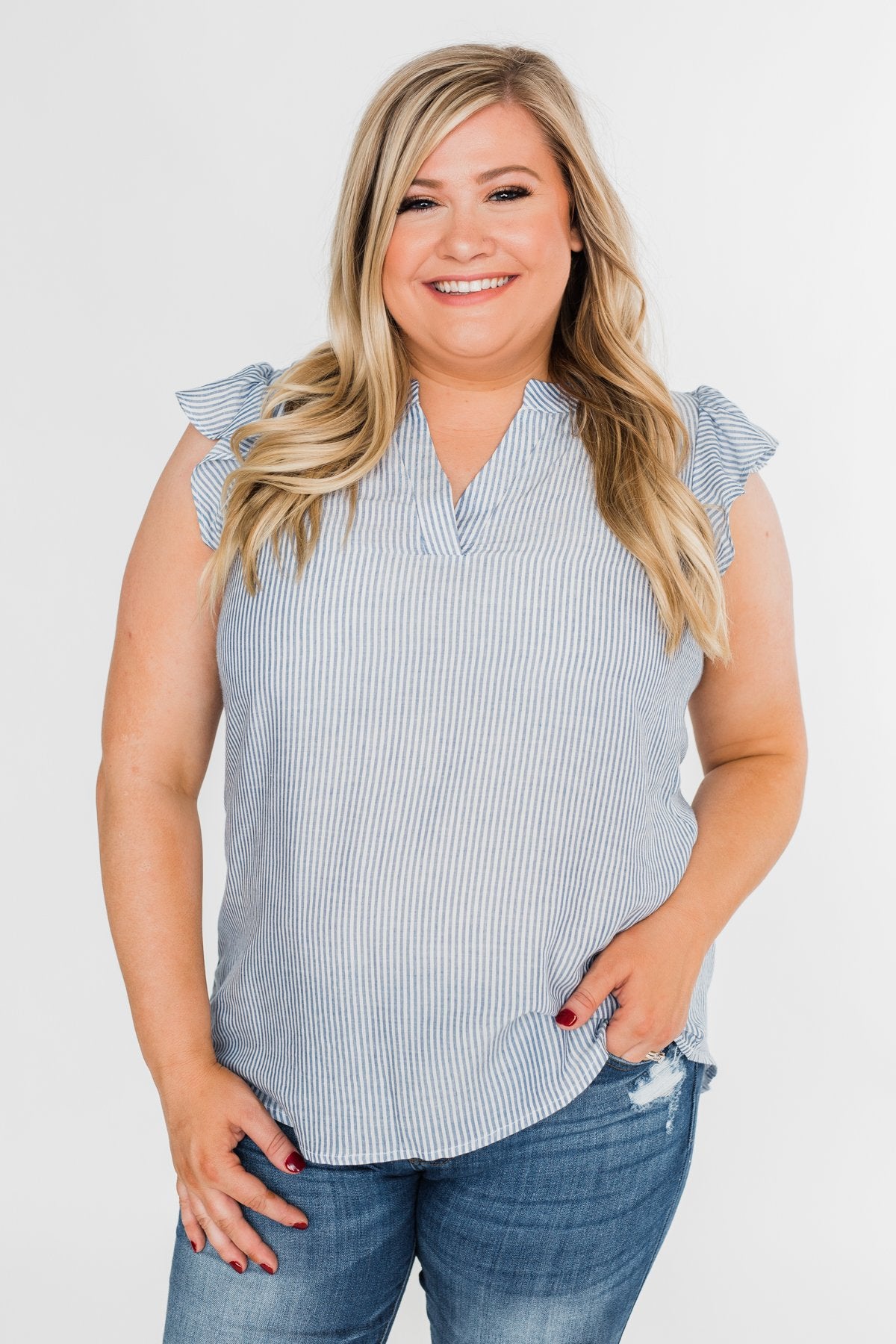 Ruffled Over You Striped Tank Top- Light Blue & Ivory