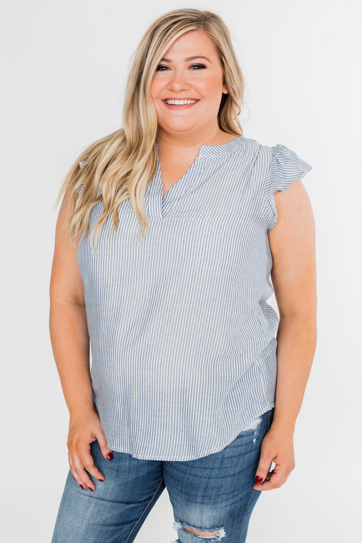 Ruffled Over You Striped Tank Top- Light Blue & Ivory