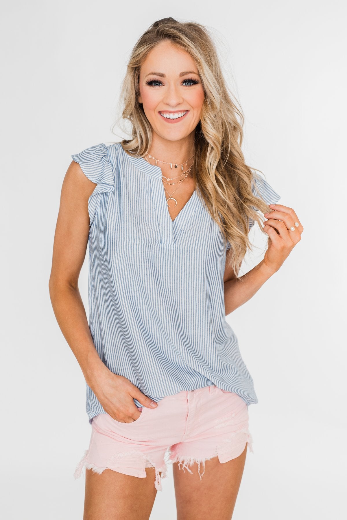 Ruffled Over You Striped Tank Top- Light Blue & Ivory